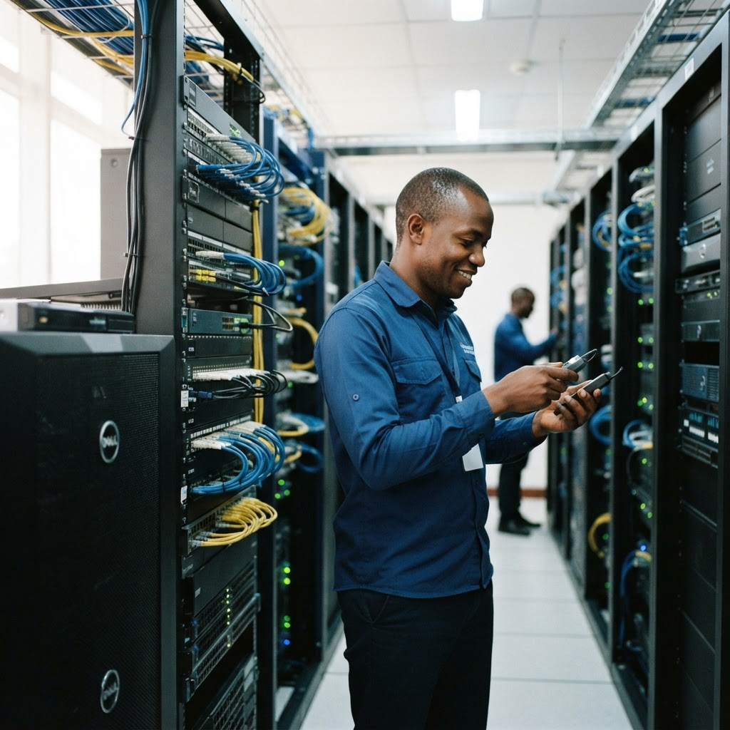 Technician inspecting network equipment